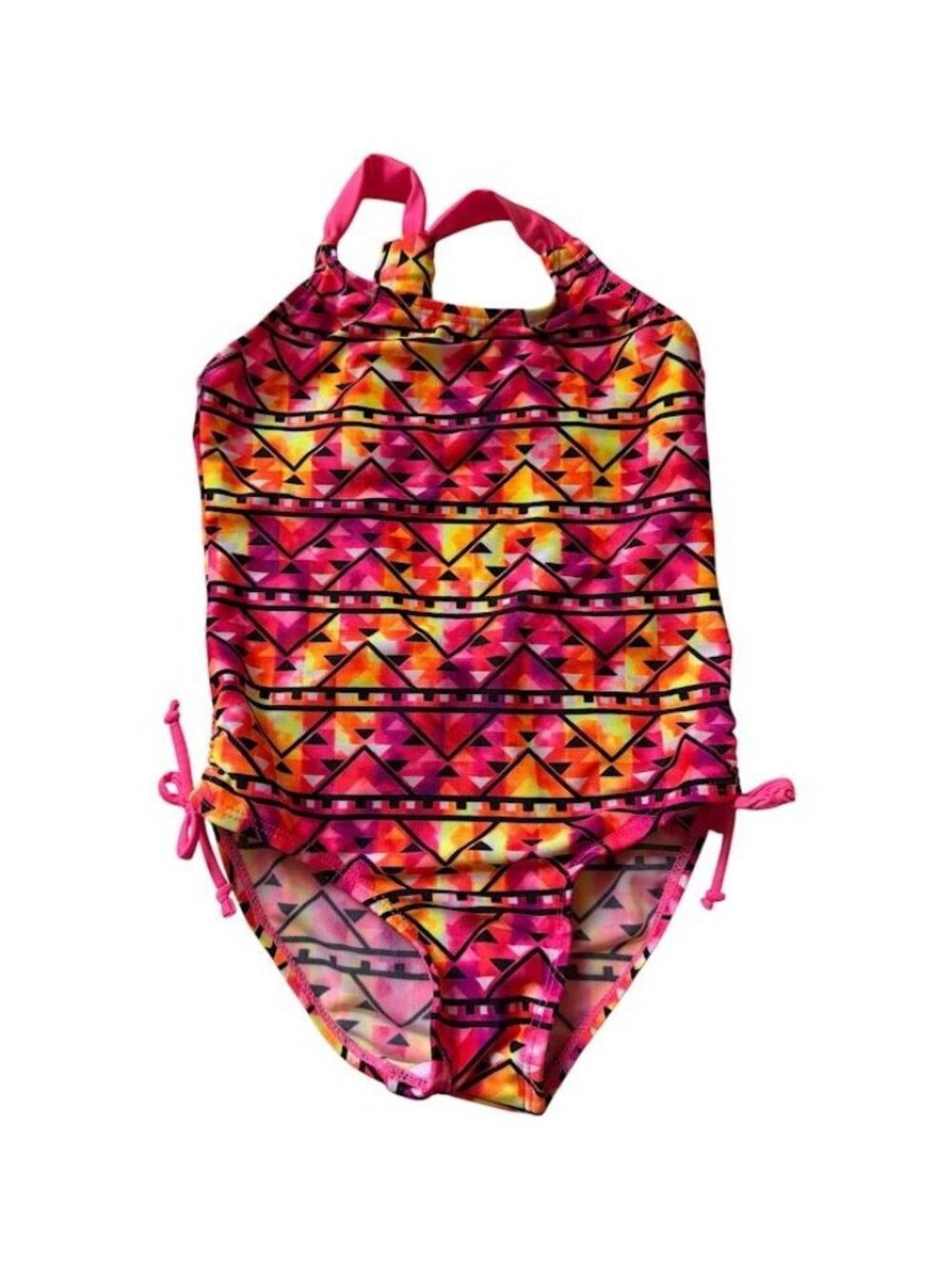 Girls  One-Piece Swimsuit With Side Ties & Geometric Print Pink -5/6